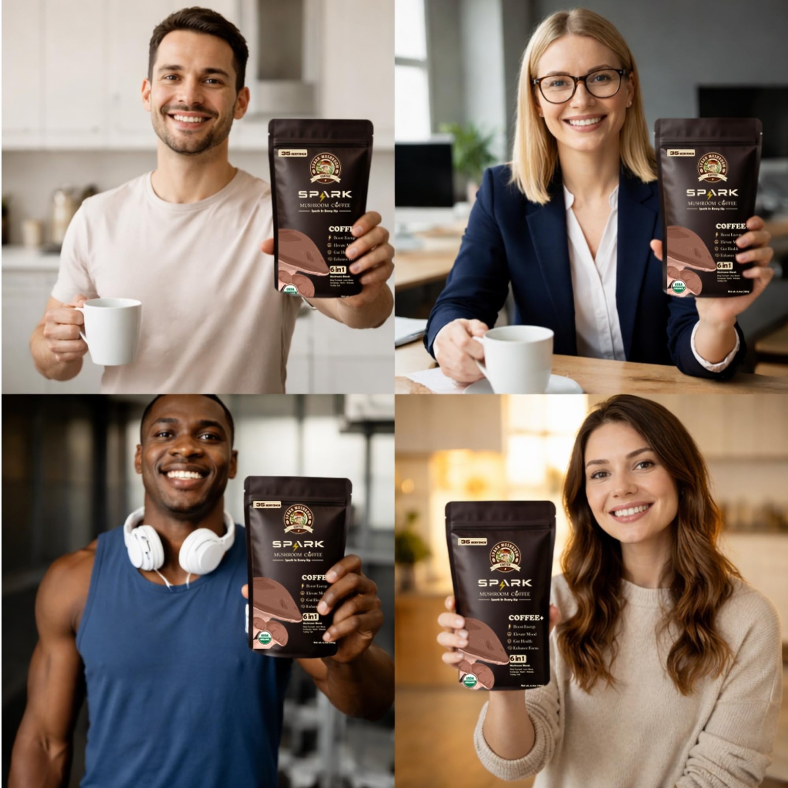 Spark Instant Organic Coffee – 35 Servings & 210g/7.4oz – 6 Adaptogenic Mushr…