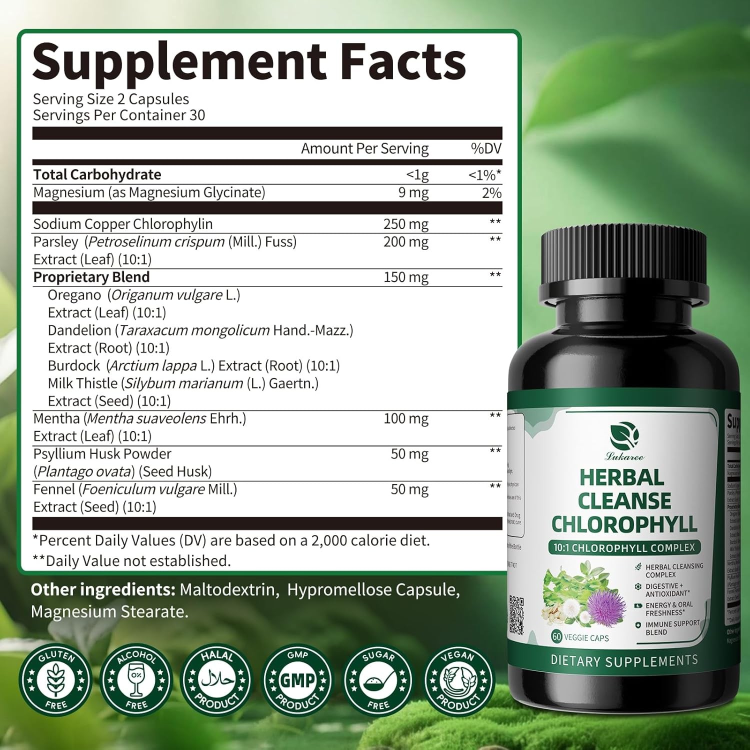 Chlorophyll Herbal Complex Capsules, 60 Vegan Energy & Immune Support