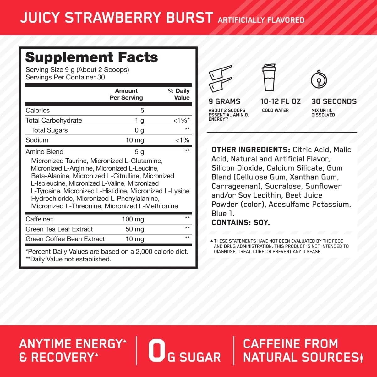 Amino Energy Pre Workout Powder with BCAA – Juicy Strawberry Burst, 30 Servings