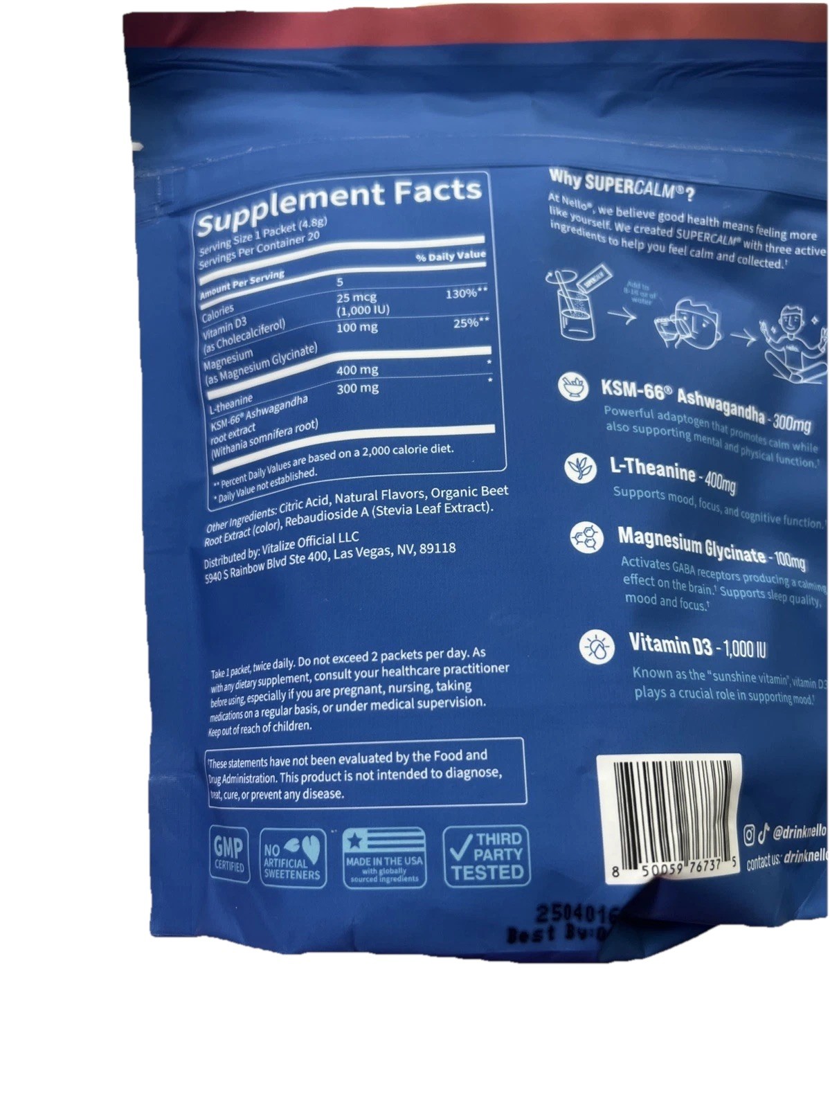 1x Nello Supercalm Drink Mix Supplement Powder – Peach Berry – 20count 4/27