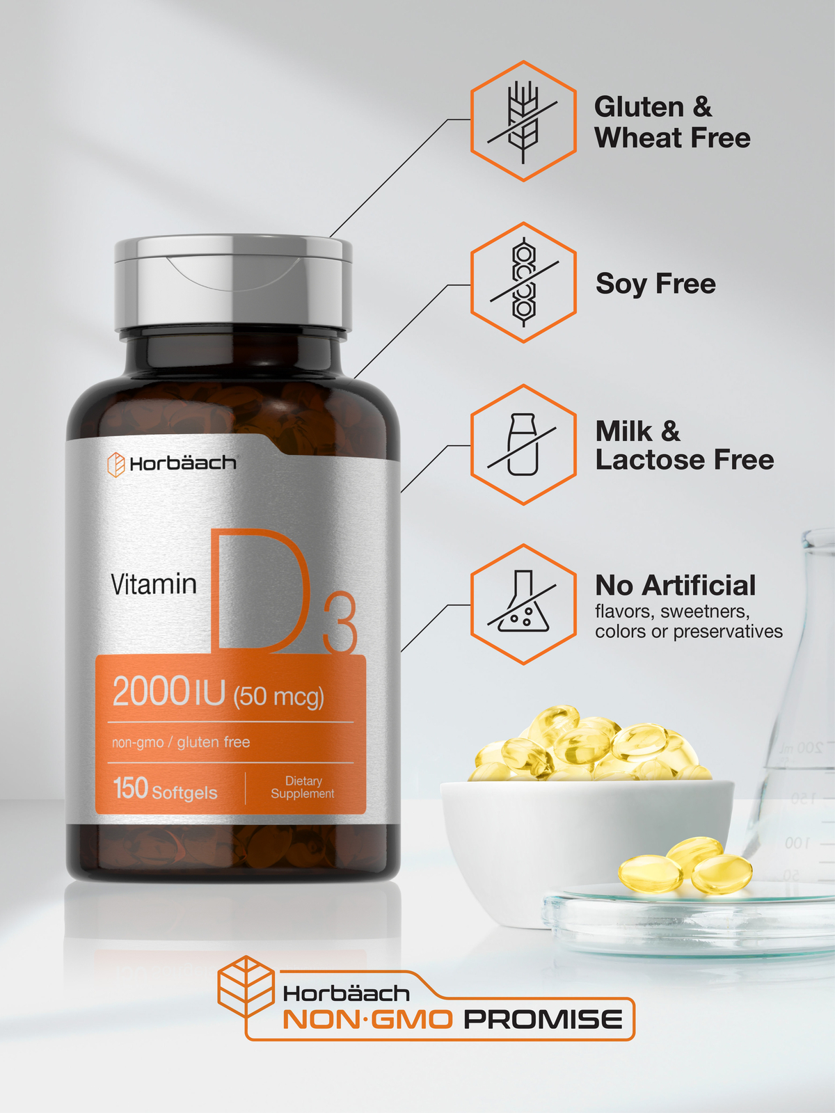 Vitamin D3 2000IU Softgels | 150 Count | Non-GMO, Gluten Fee | by Horbaach