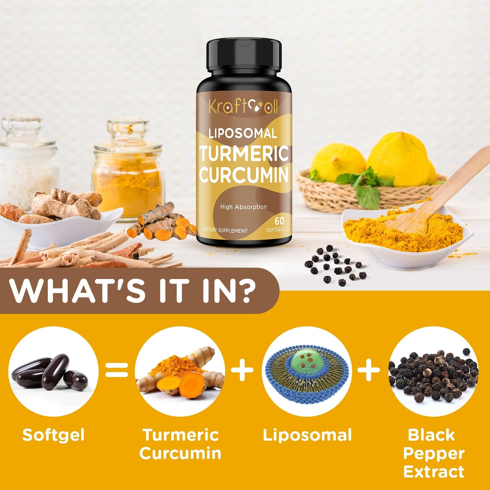 Kraftvoll Liposomal Turmeric Curcumin 2200mg with Black Pepper Softgels 60ct