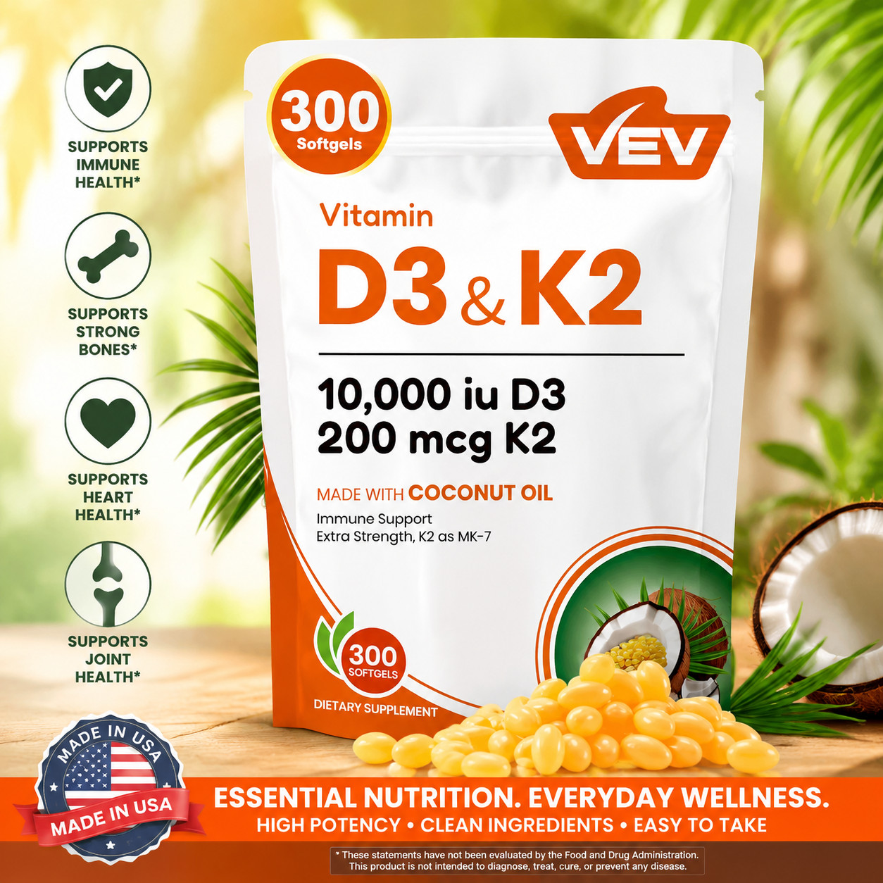 VEV Vitamin D3 Con K2 10000 IU, 300 kinds of virgin coconut oil softgels, 2-in-1