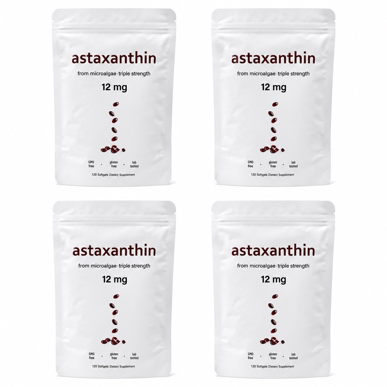 4 pcks Astaxanthin 12mg Antioxidant Softgels 120 ct GMO/Gluten/Soy Free