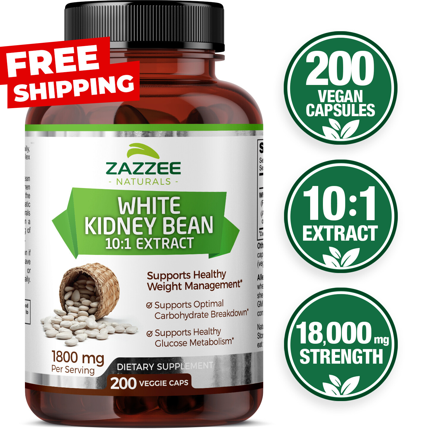 White Kidney Bean Extract 200 Veggie Caps Weight Management 1800 mg Per Serving