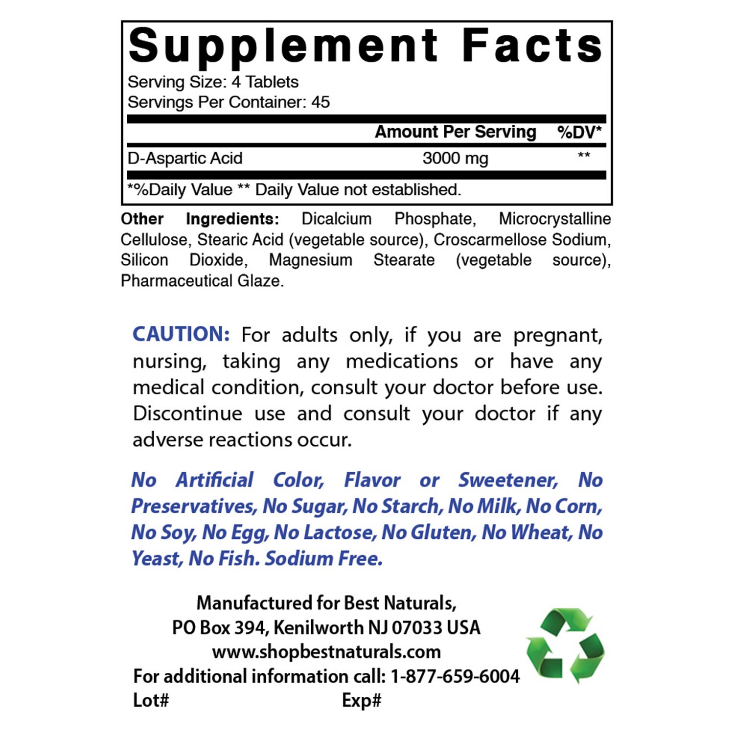 Best Naturals D Aspartic Acid (DAA) 3000mg per Serving 180 Tablets