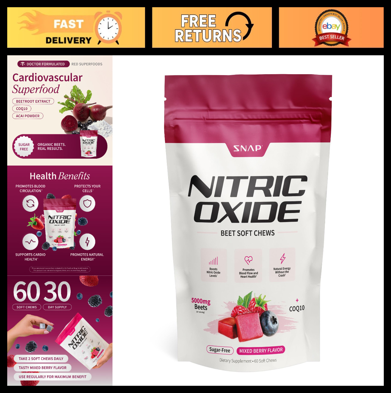 Nitric Oxide Beet Root Chews – 60 Soft Chews, 1,250mg Beet Extract, CoQ10, Acai,