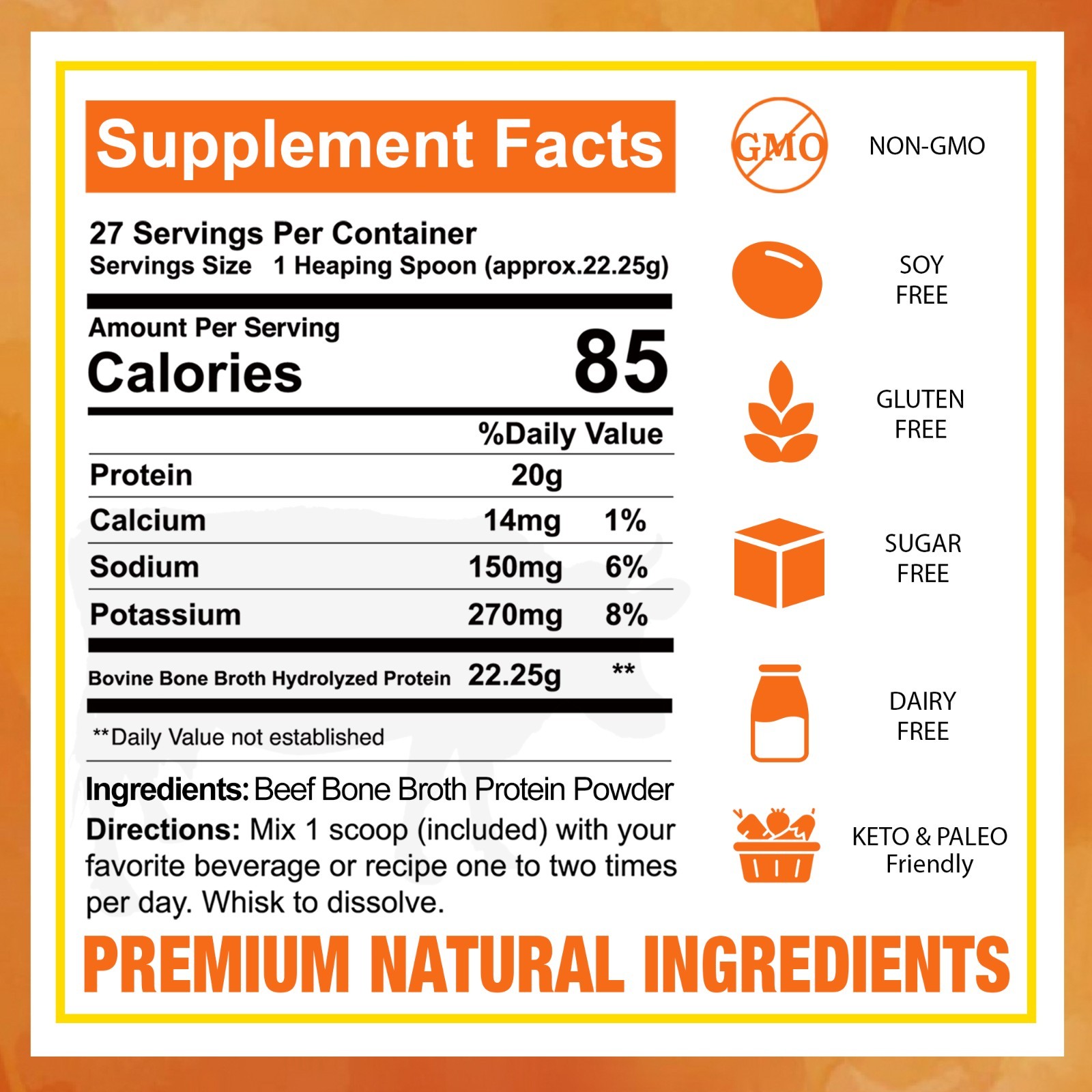Bone Broth protein Powder Pure Protein Organics Grass Fed Beef(1.32LB-600g)