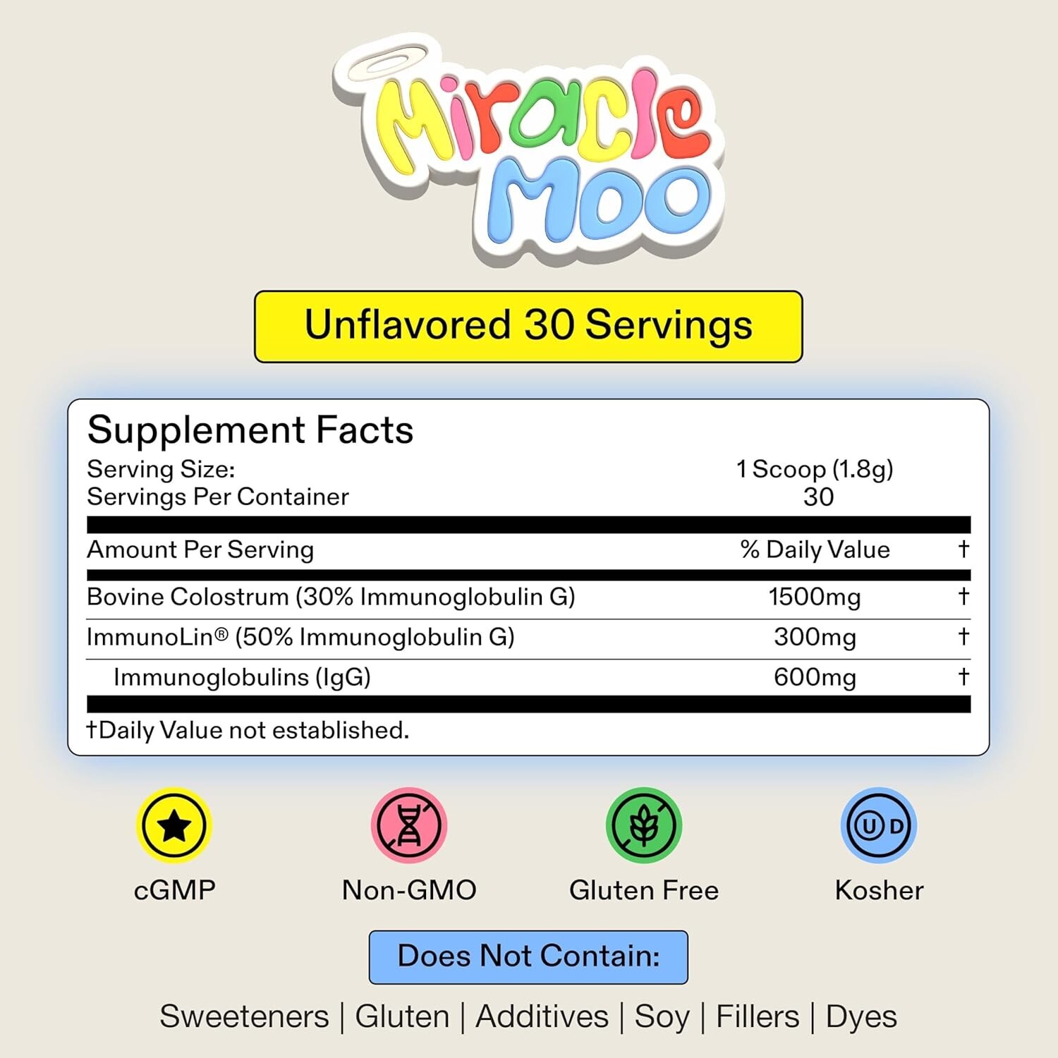 Miracle Moo Mother Natures Bovine Colostrum grassfed+ immunolin 30SV