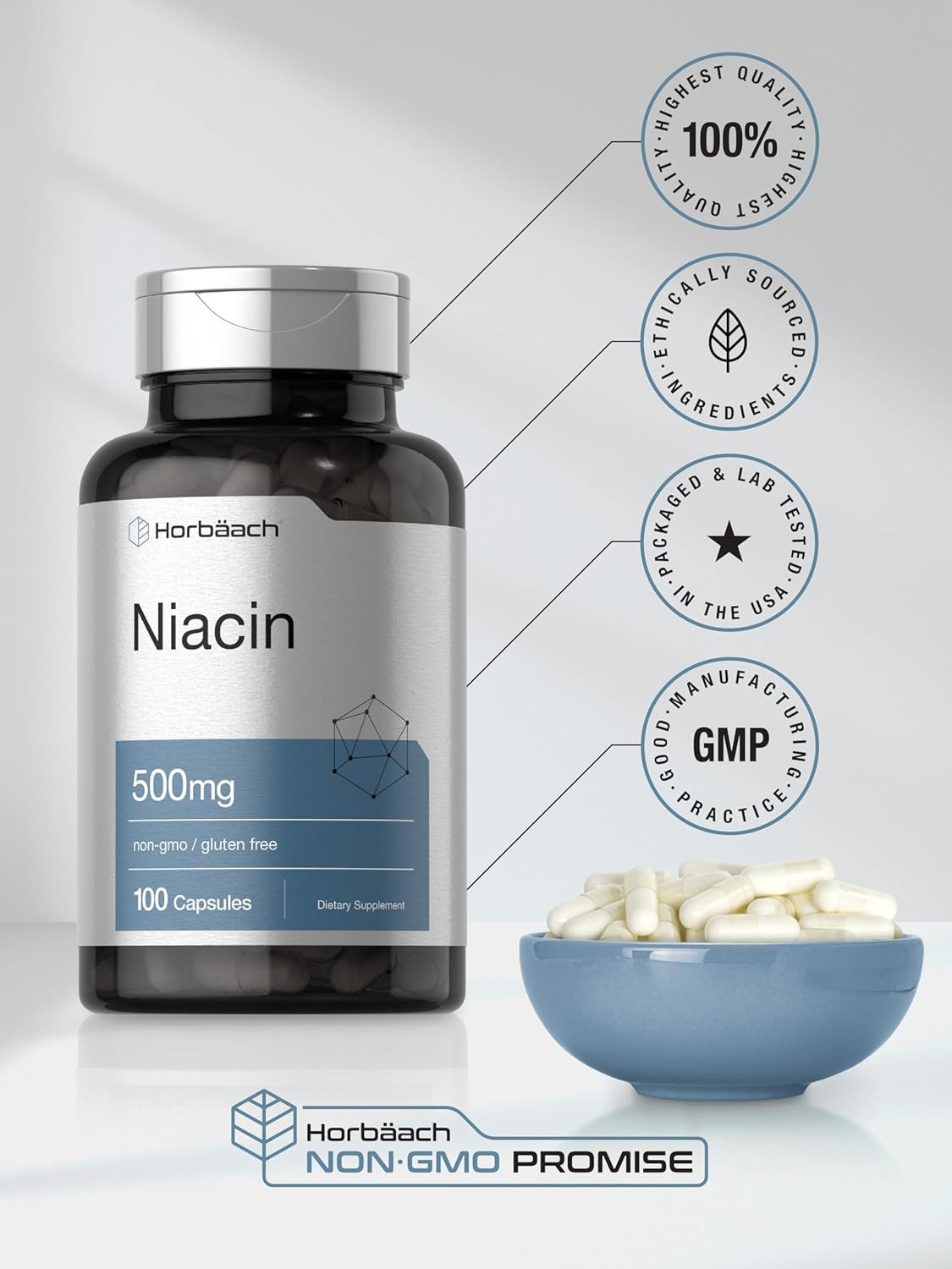 Niacin Vitamin B3 500mg | 100 Capsules | Flush Formula | Non-GMO, Gluten Free