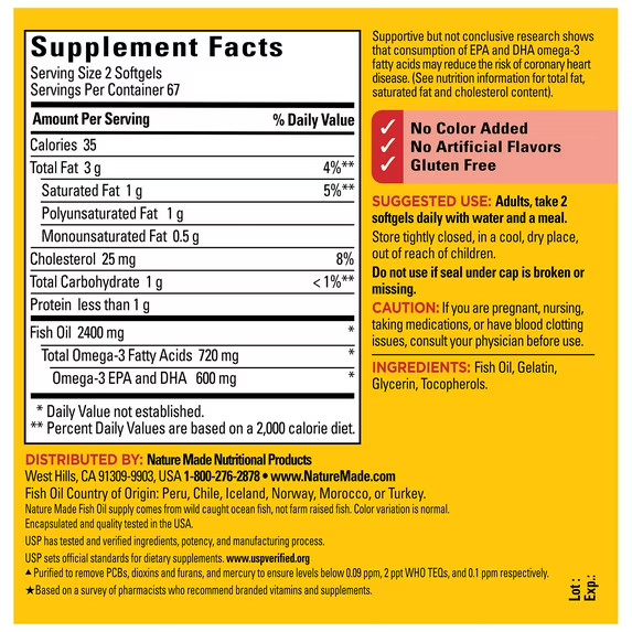 3pk Nature Made 2400mg Fish Oil Softgels Omega 3 Supplement 134 Count