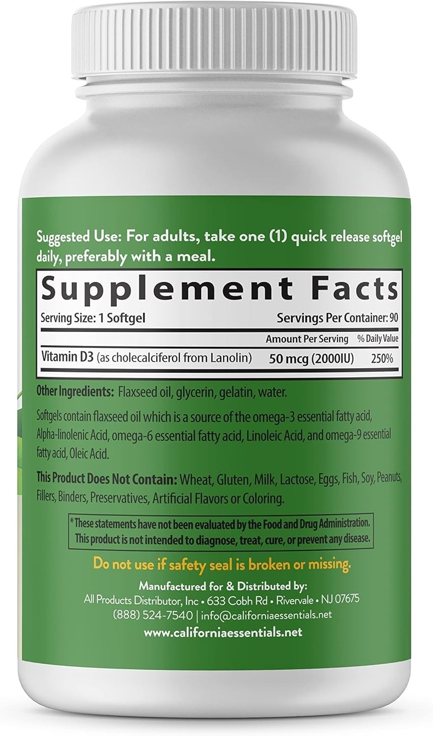 CALIFORNIA ESSENTIALS VITAMIN D3 2,000iu SOFTGEL IN FLAXSEED OIL-BOOST IMMUNITY