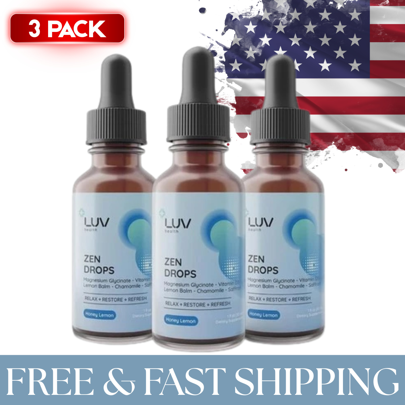 Zen LUV Drops Stress Support with Magnesium Glycinate and Lemon BalM 3 PACK.