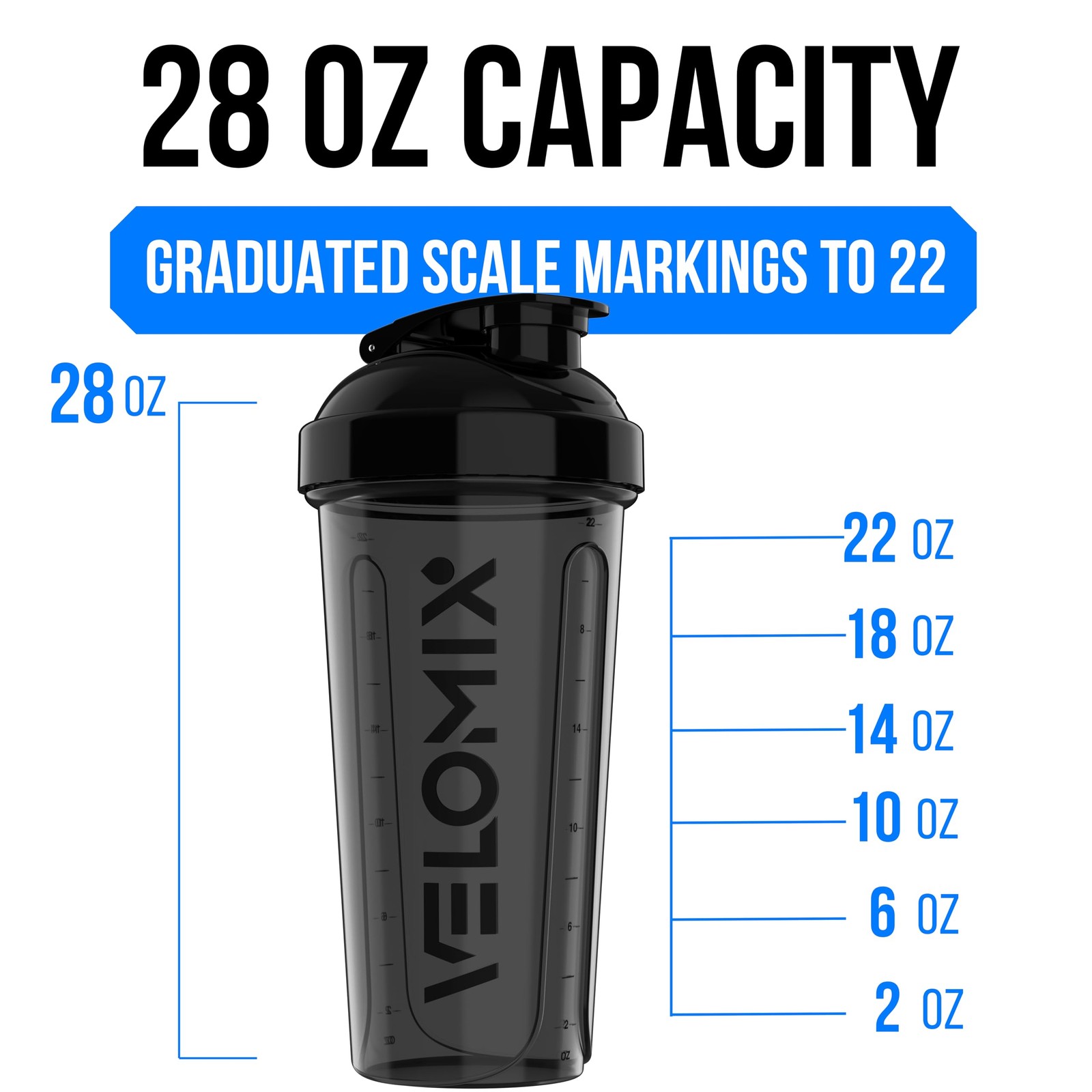 VELOMIX -2 Pack- 28 oz Protein Shaker 28 Ounces, A1) Black / Transparent