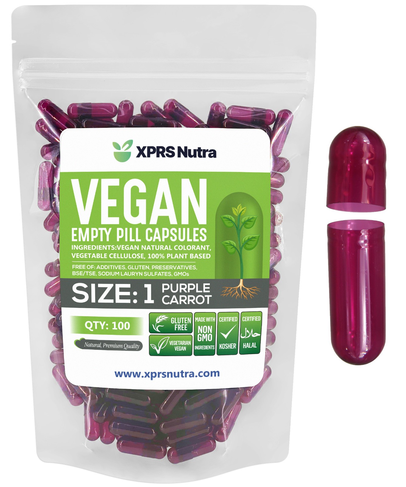 Size 1 Purple Carrot Empty Vegan Capsules Vegetarian Veggie Kosher Veg Caps Pill