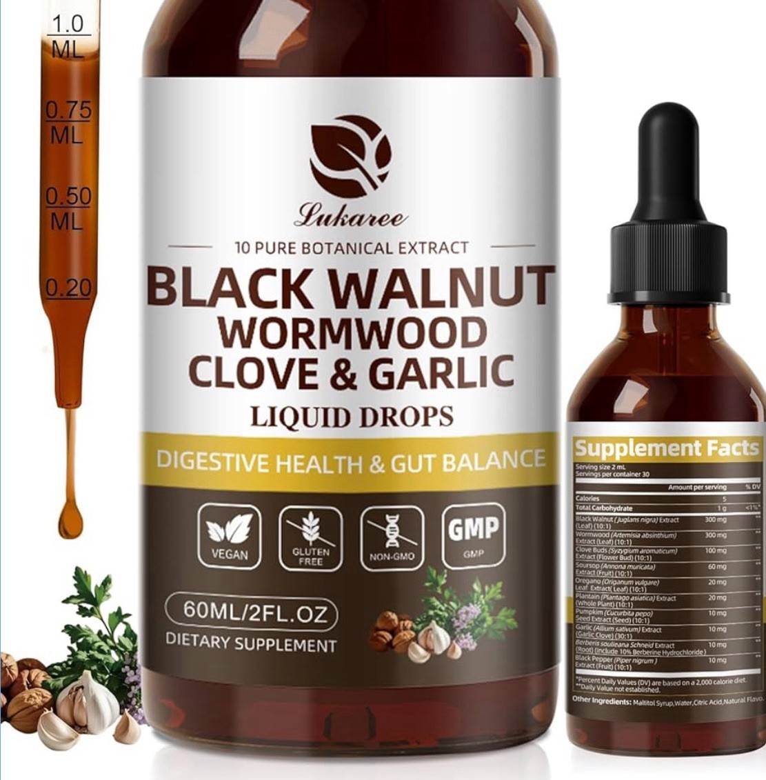 Lukaree Black Walnut Wormwood Clove Garlic Drops Digestive 60mL/2 fl oz