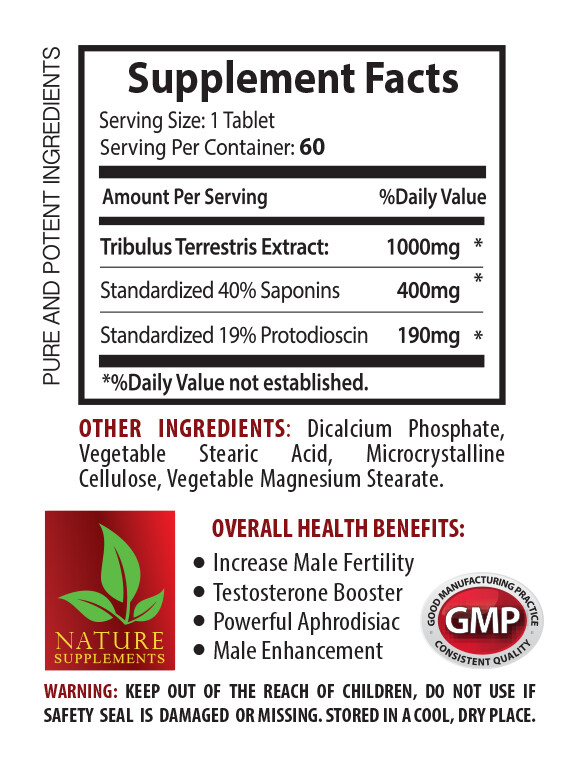 Premium Quality Testosterone Tribulus Terrestris 1000mg natural 1 Bot 60 Tablets