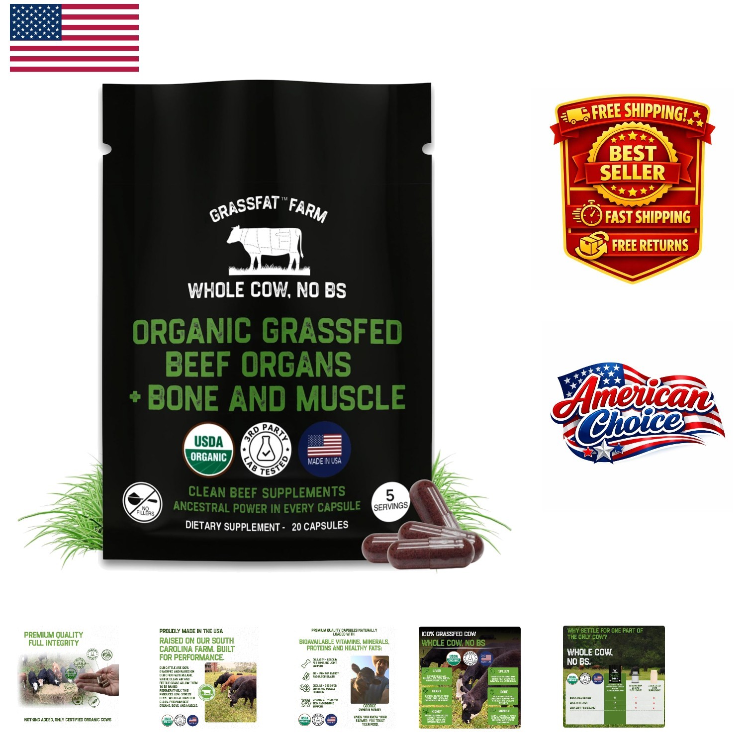 Whole Cow Organic Beef Organ Supplements – Energy & Gut Health Booster, 20 Caps