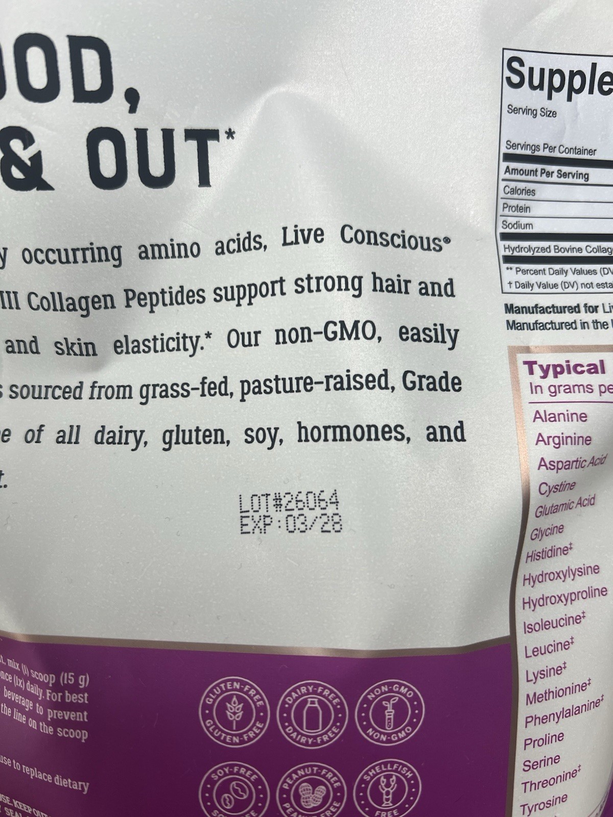 Live Conscious Collagen Peptides Powder Unflavored 16 oz Non-GMO Exp 03/28