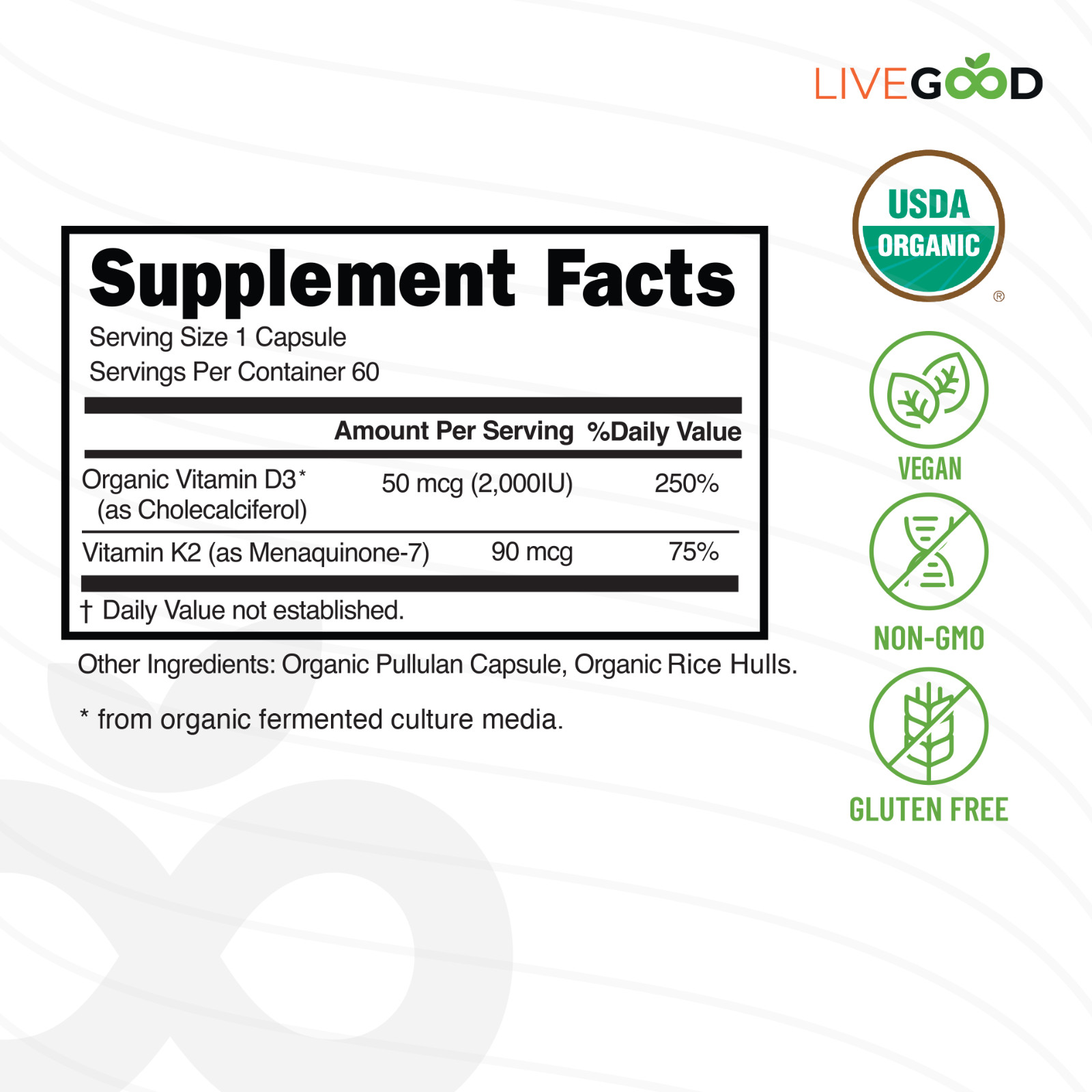 Brand New Factory Sealed: LiveGood Organic Vitamin D3 + K2 2000 IU – 60 Capsules