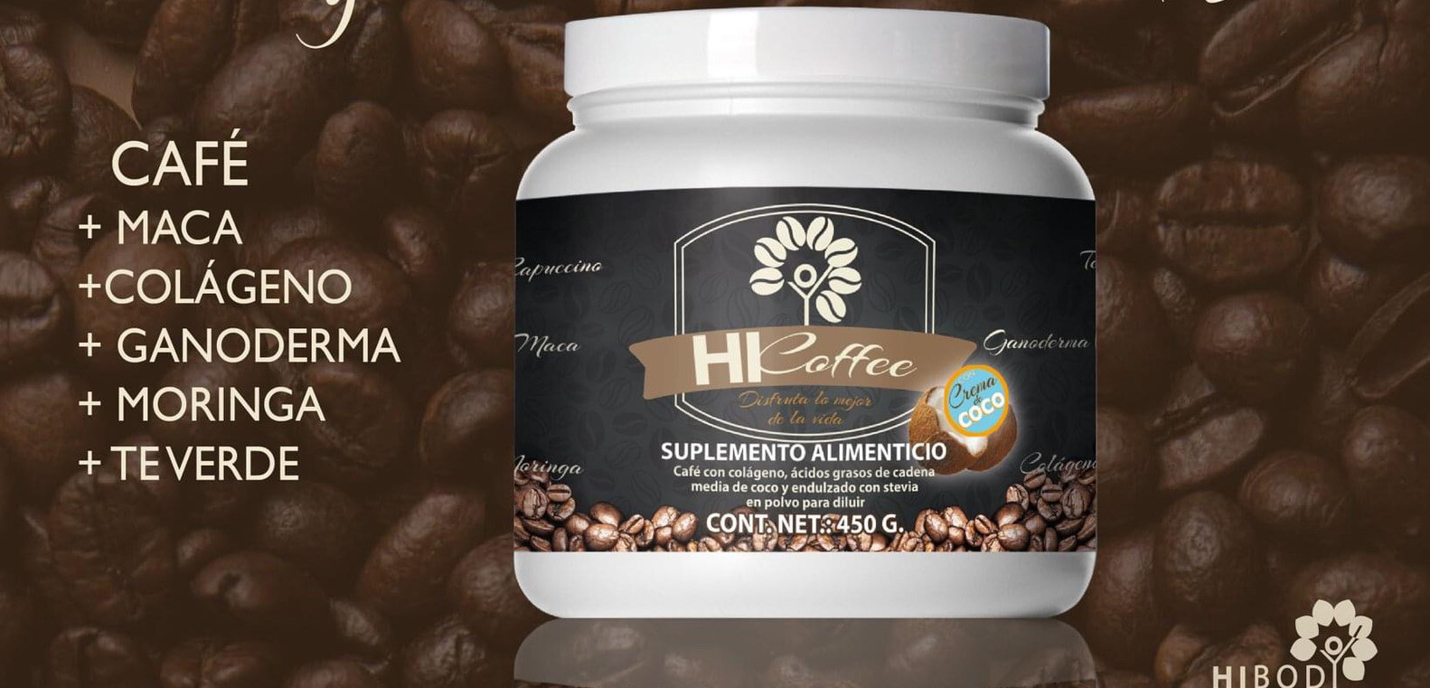 Hicoffe, Moringa, Ganoderma, Maca, colageno, Crema de coco, Estivia