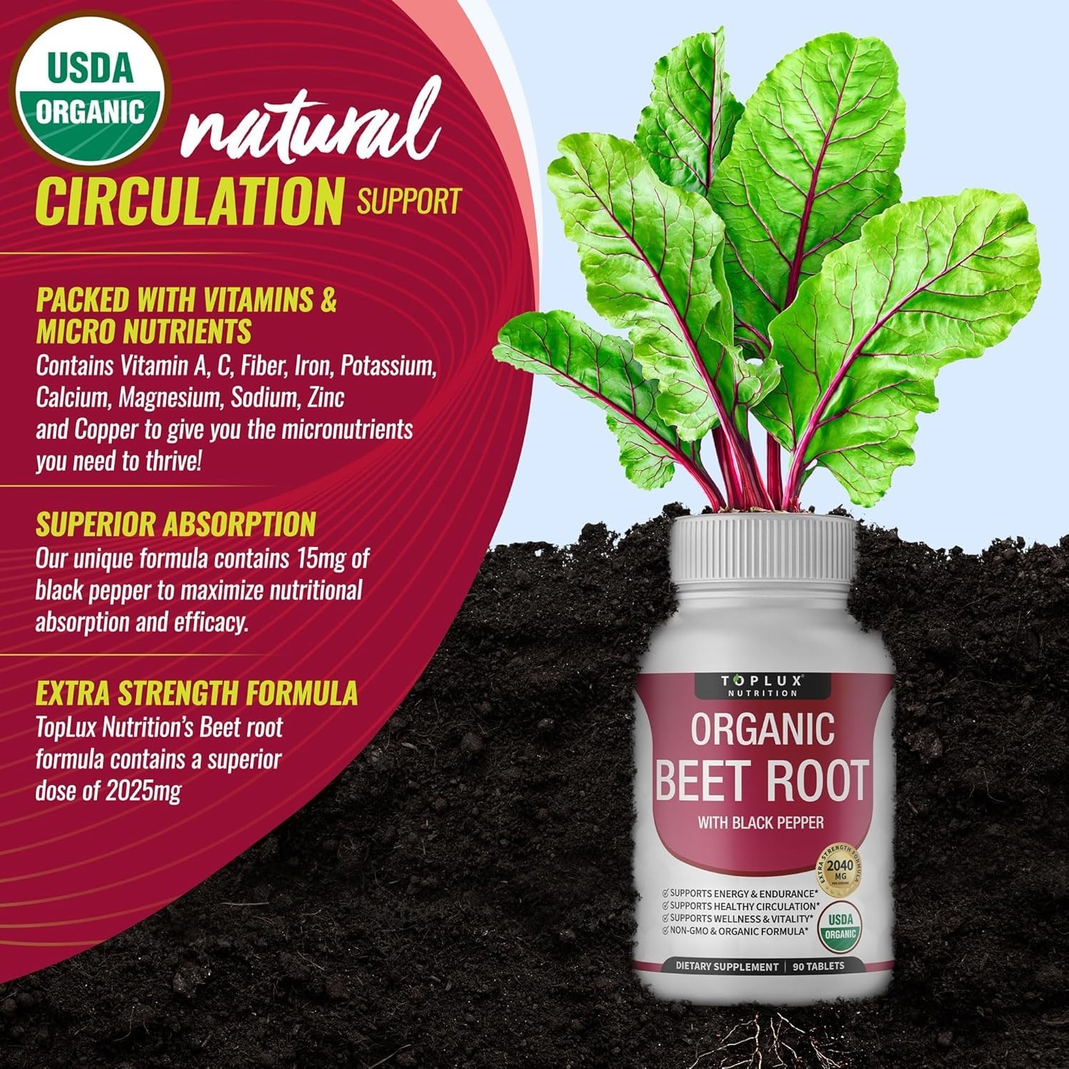 Toplux Organic Beet Root Powder Tablets – Natural Nitric Oxide Beets to Support