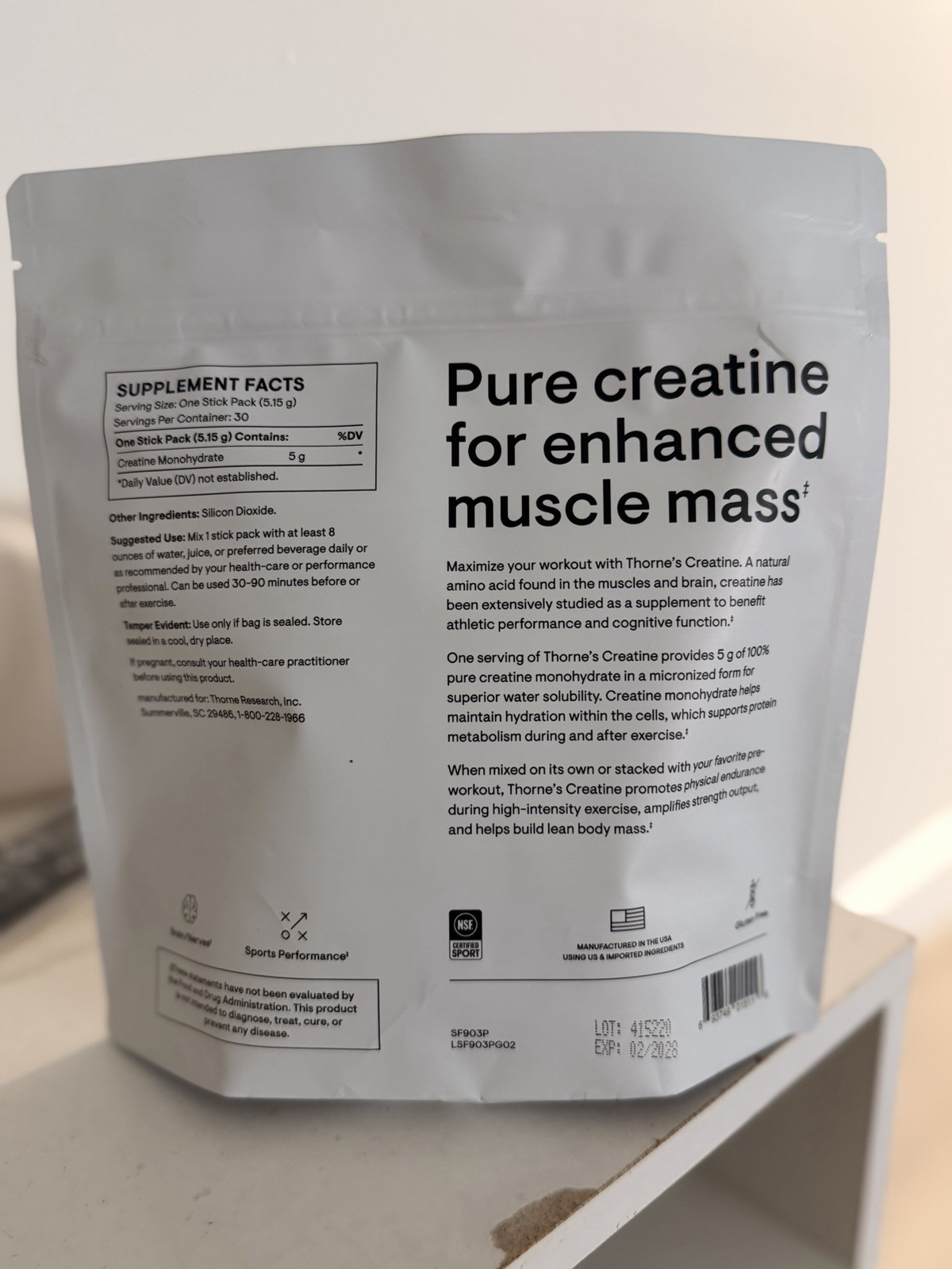 Thorne Creatine Monohydrate Powder Stick Packs 30ct 5g Unflavored NSF Sport