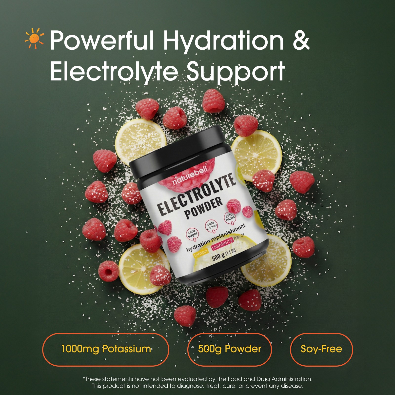 NatureBell Electrolytes Powder 500g Hydration Energy Lemon – 76 Servings