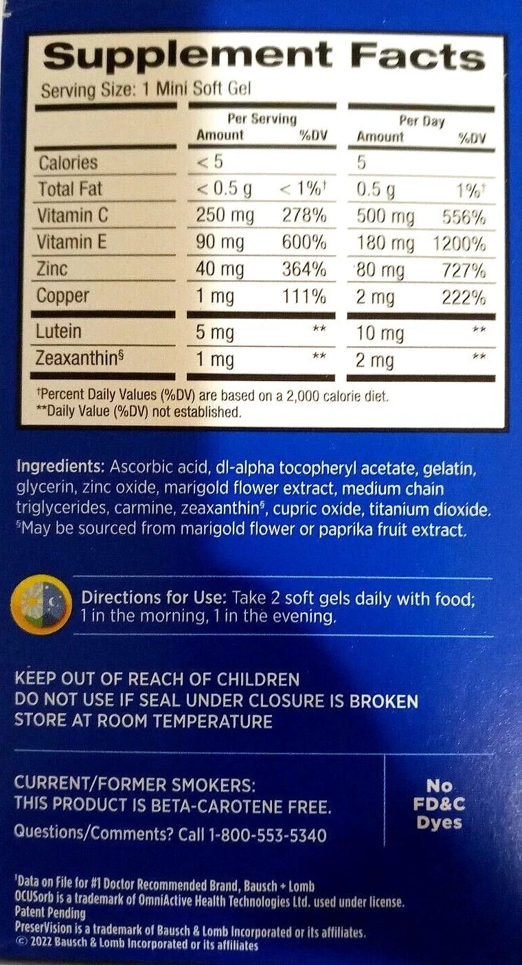 Bausch+Lomb PreserVision AREDS 2 Formula 210 Soft Gels Eye Vits+Mins EXP 08/2026