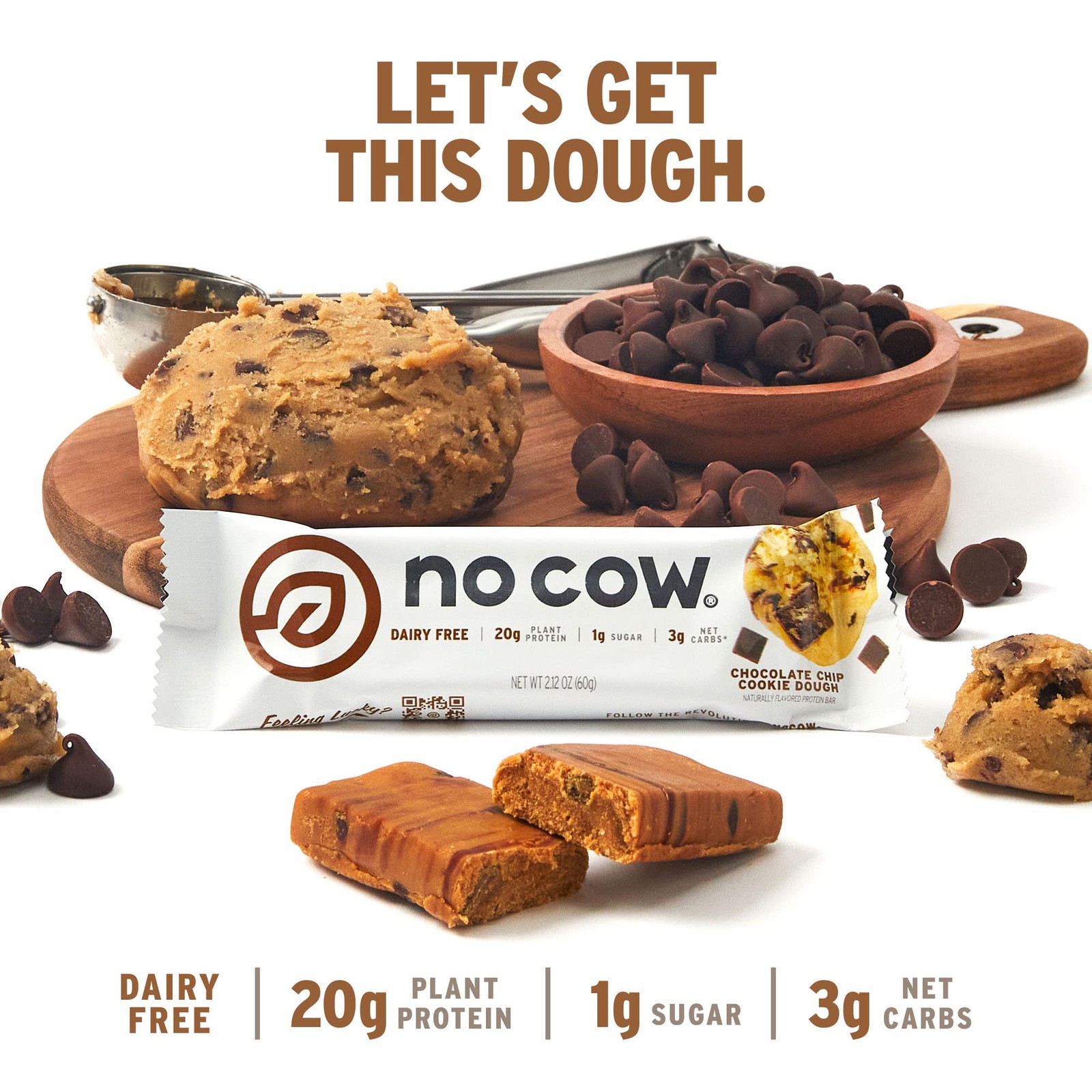 No Cow Vegan Protein Bars, Upgraded Chocolate Chip Cookie Dough | 20g Plant