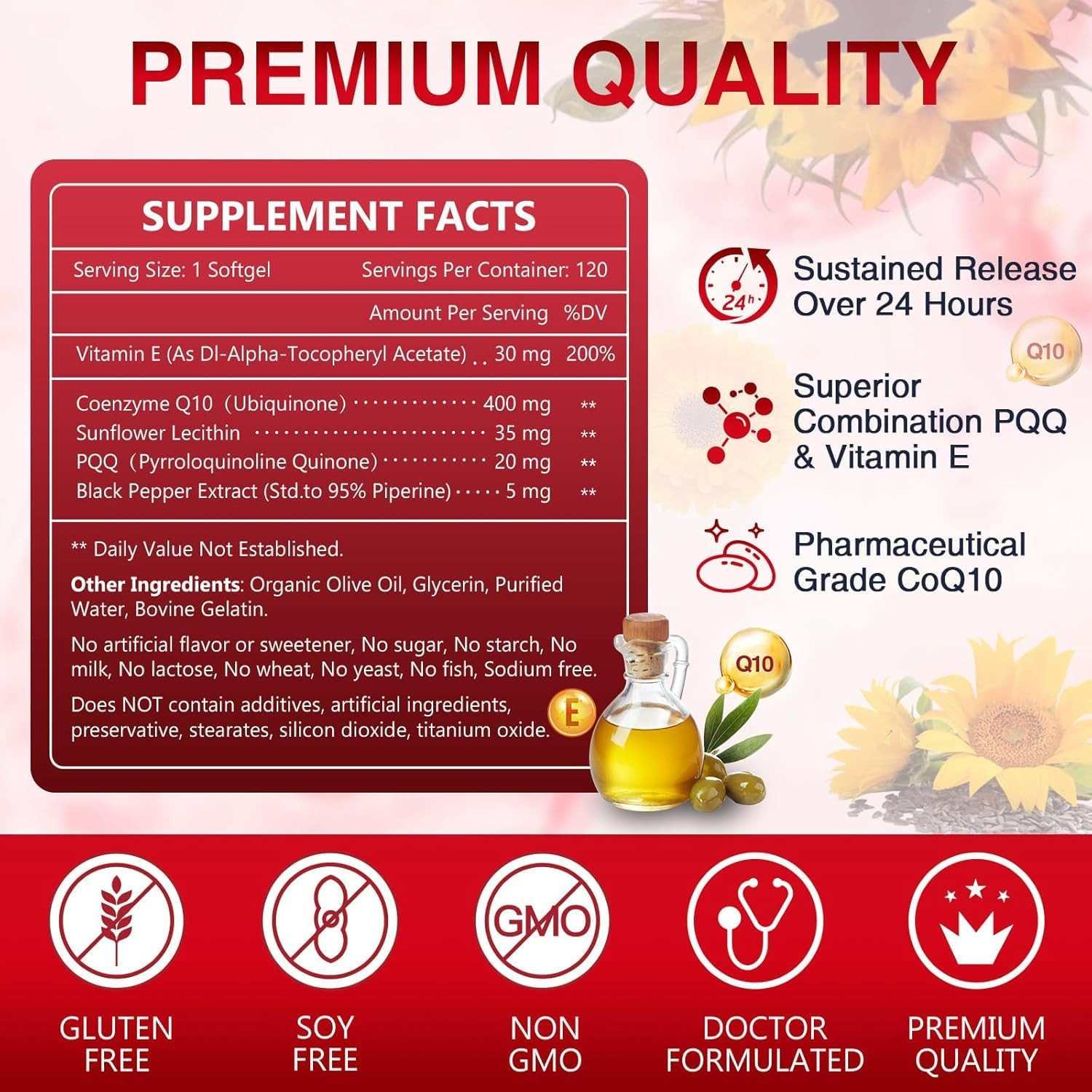 Coq10-400Mg plus PQQ with Vitamin E & Organic Olive Oil – Coenzyme-Q10 with Biop