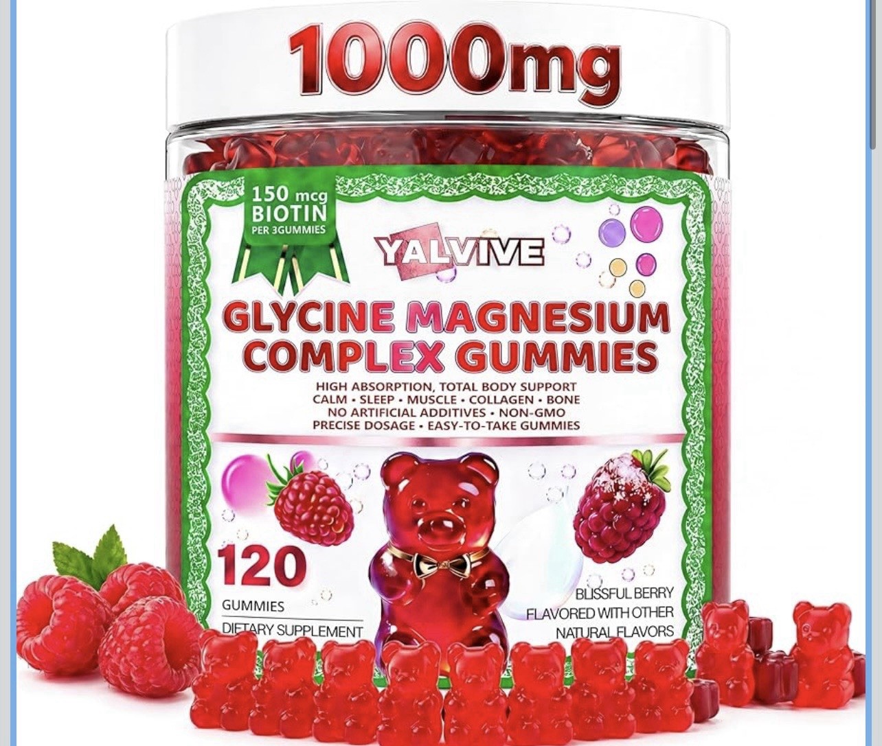 YALVIVE Magnesium Glycine Complex Gummies 1000mg Blissful Berry 120 Ct