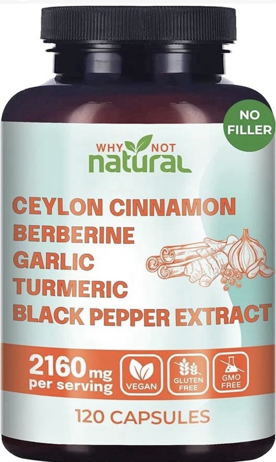 Why Not Natural Organic Ceylon Cinnamon Garlic Berberine 2160mg 120 Caps/Turmer