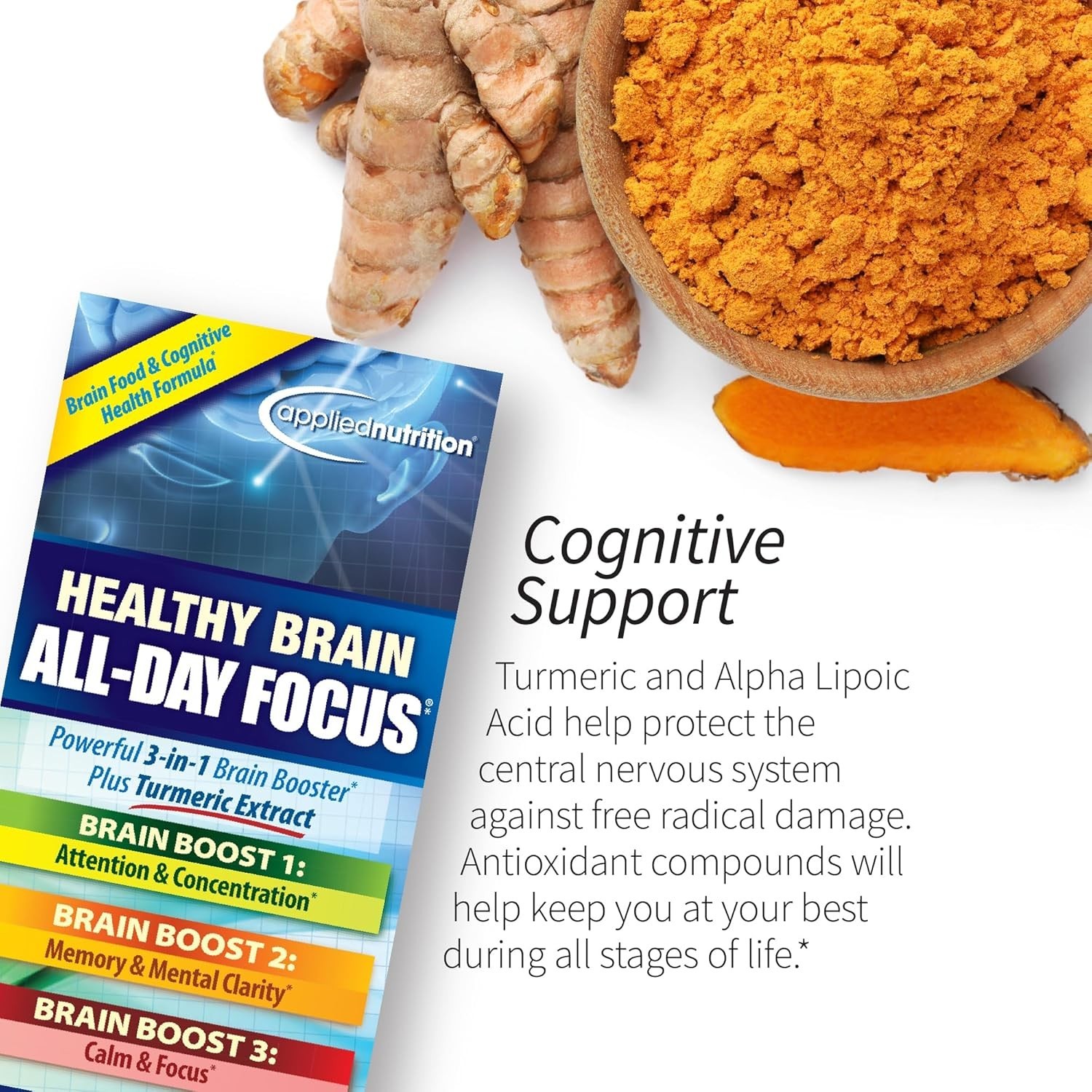 Applied Nutrition Healthy Brain All-Day Focus 50 Tablets, 3-in-1, 25 Servings 5x