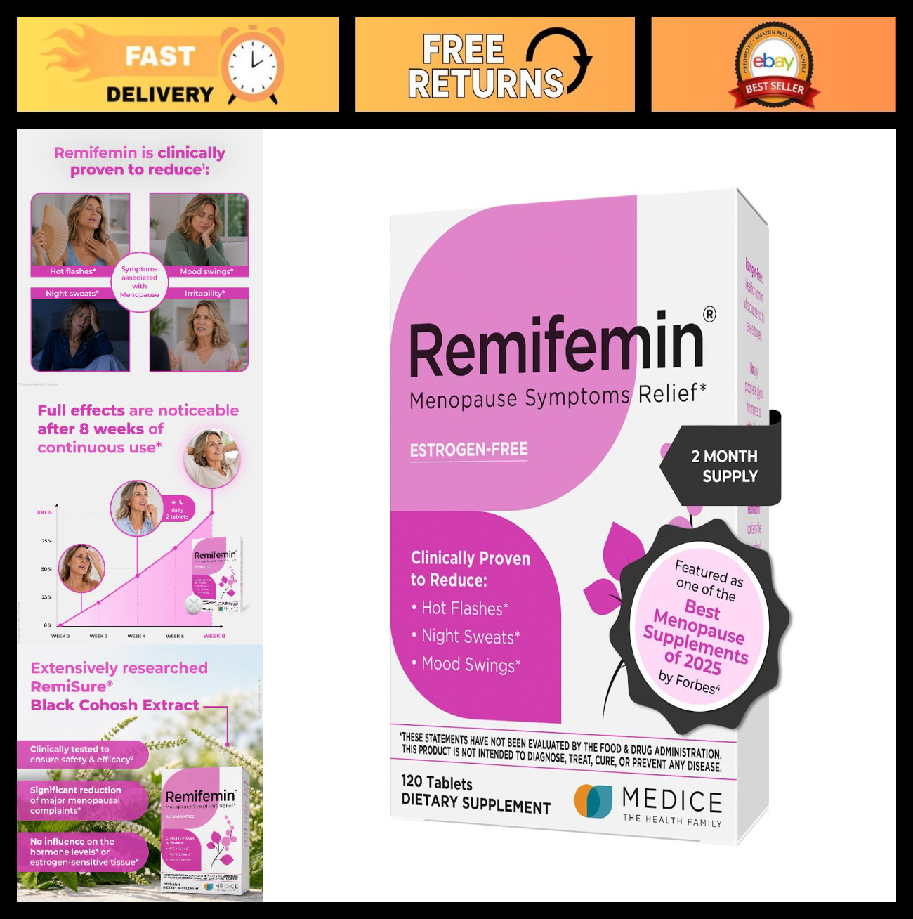 Menopause Relief Supplements – Black Cohosh, Estrogen-Free, 120 Tablets, Clinica