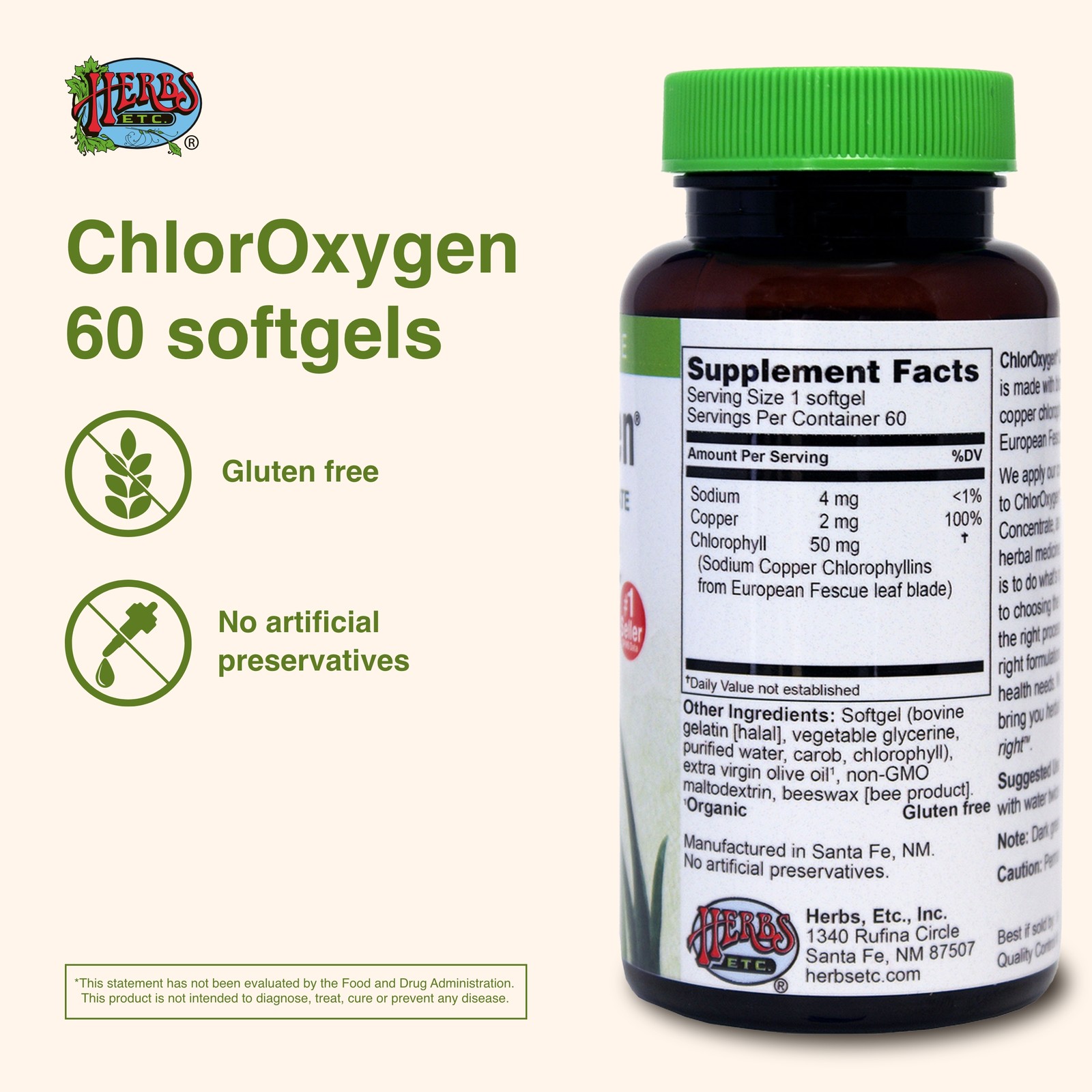 Herbs Etc. ChlorOxygen, Chlorophyll Concentrate Dietary Supplement, 60 Softge…