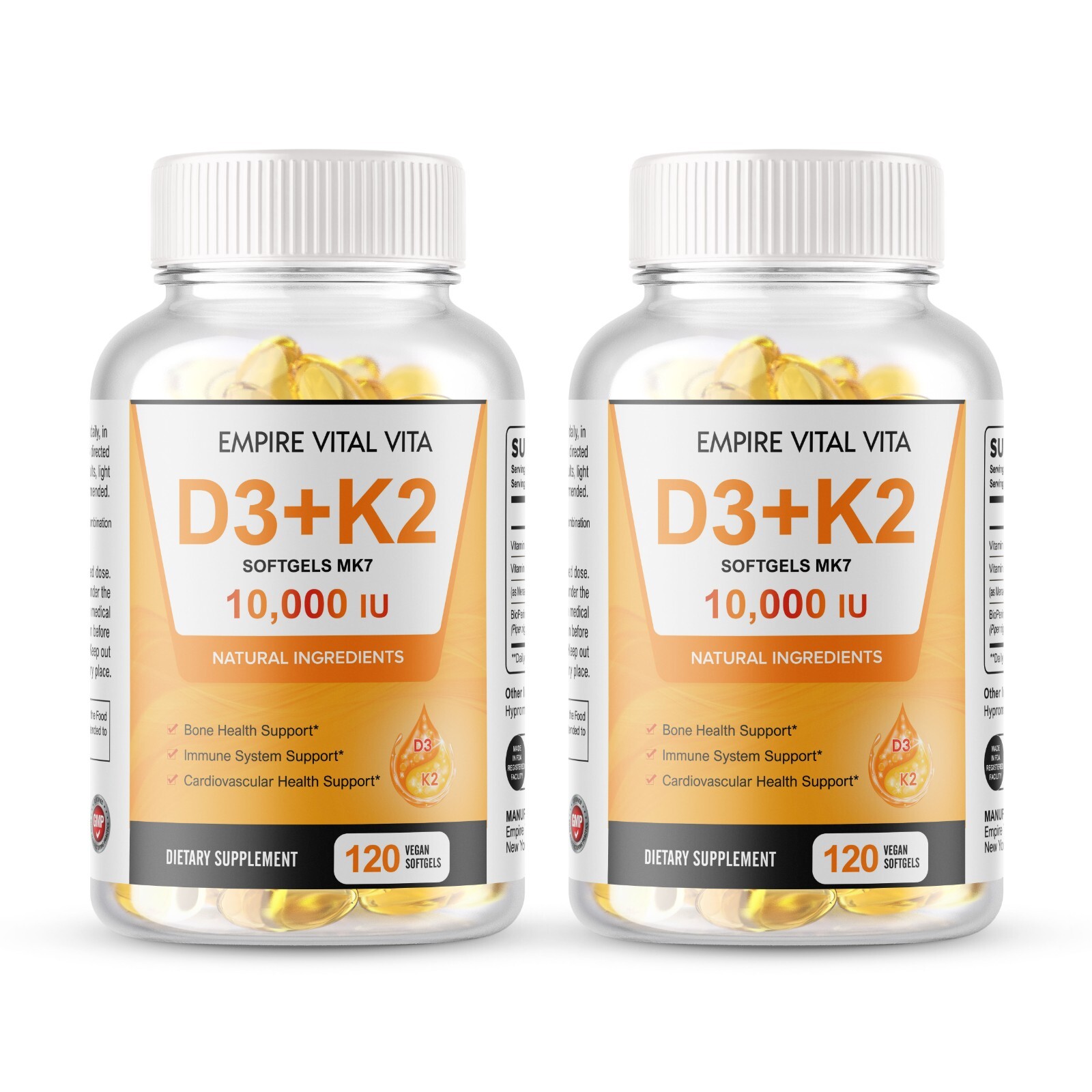 Vitamin D3 10,000 IU K2 MK7 100 mcg, Vit D and K Supplement 240 softgels USA