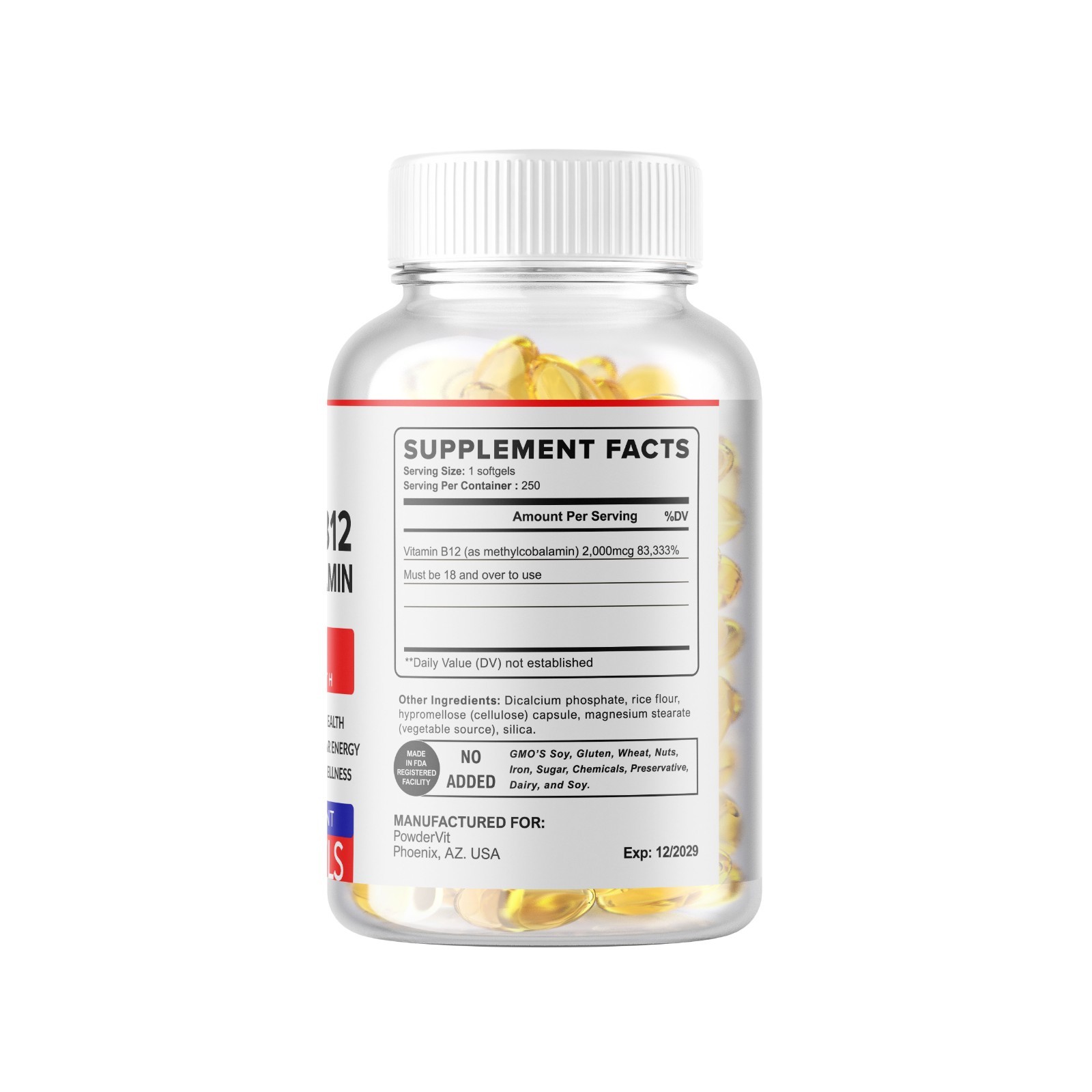 Vitamin B12 Methylcobalamin 2000mcg 250 Capsules USA Non-GMO
