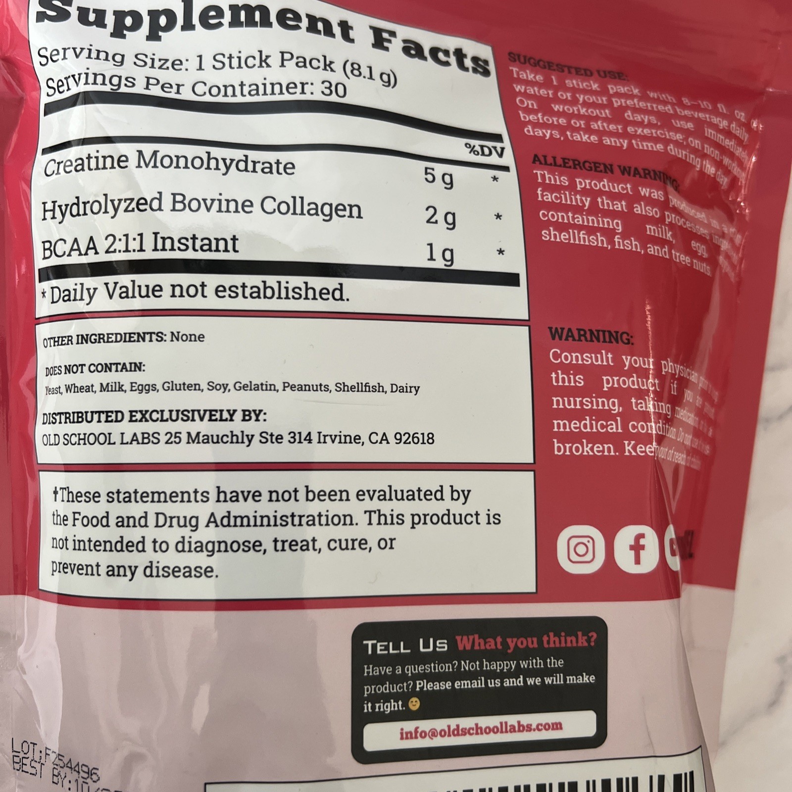 Old School Labs Creatine Monohydrate Collagen Made For Women 30 Stick Packs No