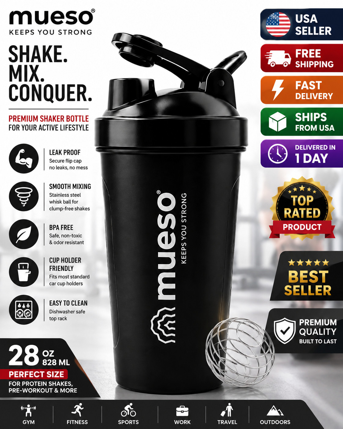 Protein Shaker Bottle 24oz / 700ml, Leakproof BPA-Free Shaker Cup with Mixing
