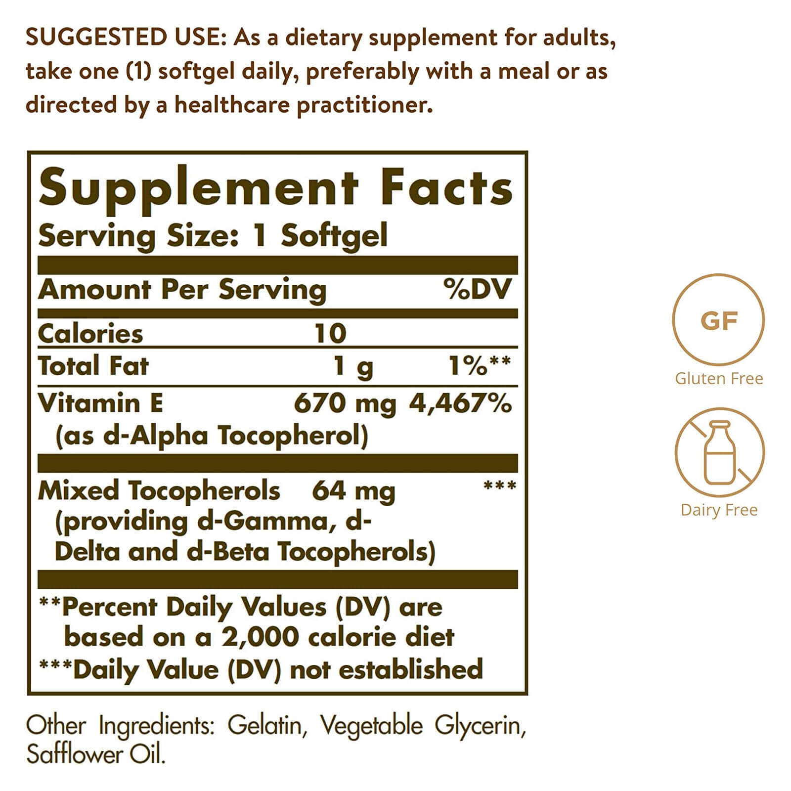 Solgar Vitamin E 670 mg 1000 IU Mixed d-Alpha Tocopherol Tocopherols 100 Sgels