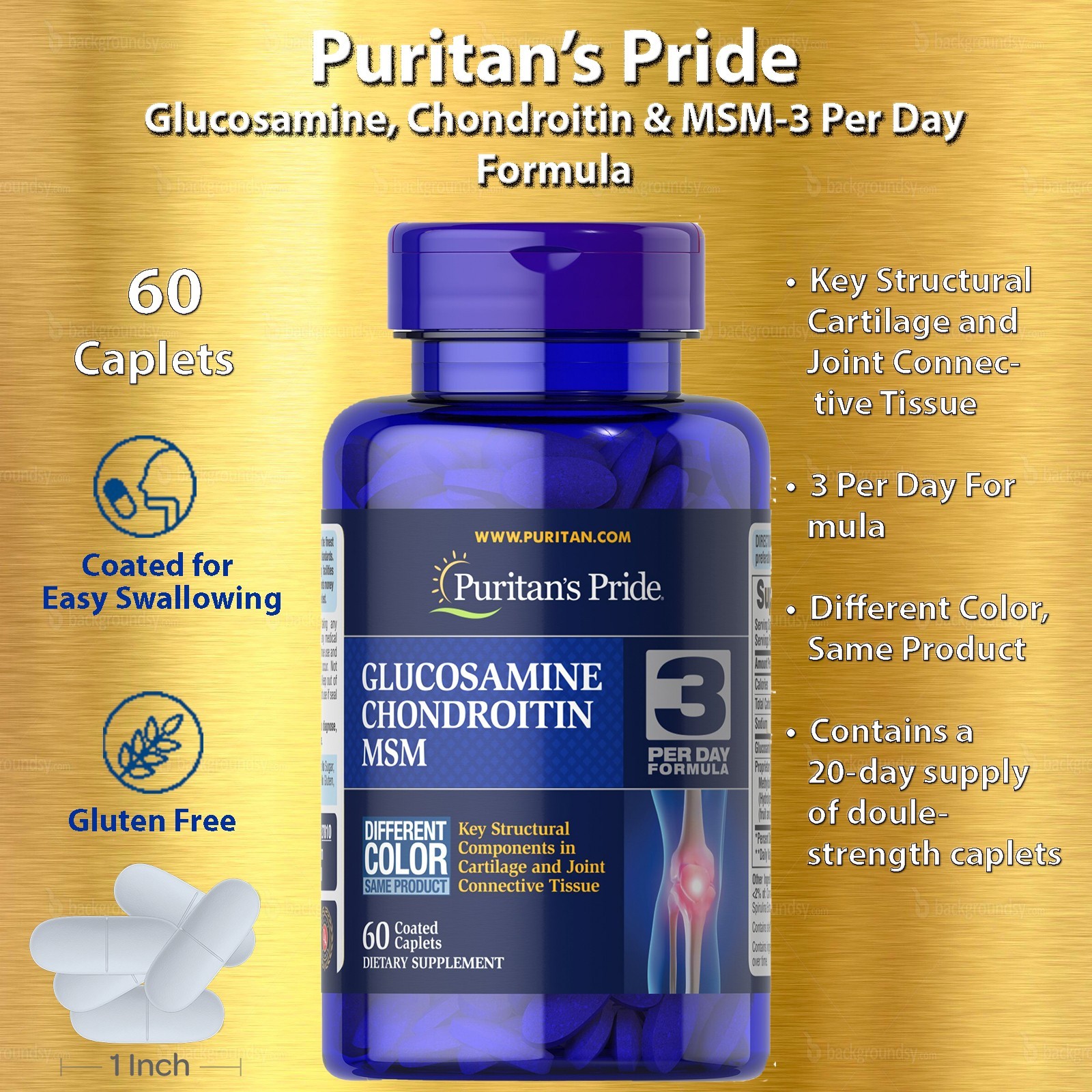 Puritan’s Pride, Glucosamine, Chondroitin & MSM, 3 Per Day Formula, 60 Caplets
