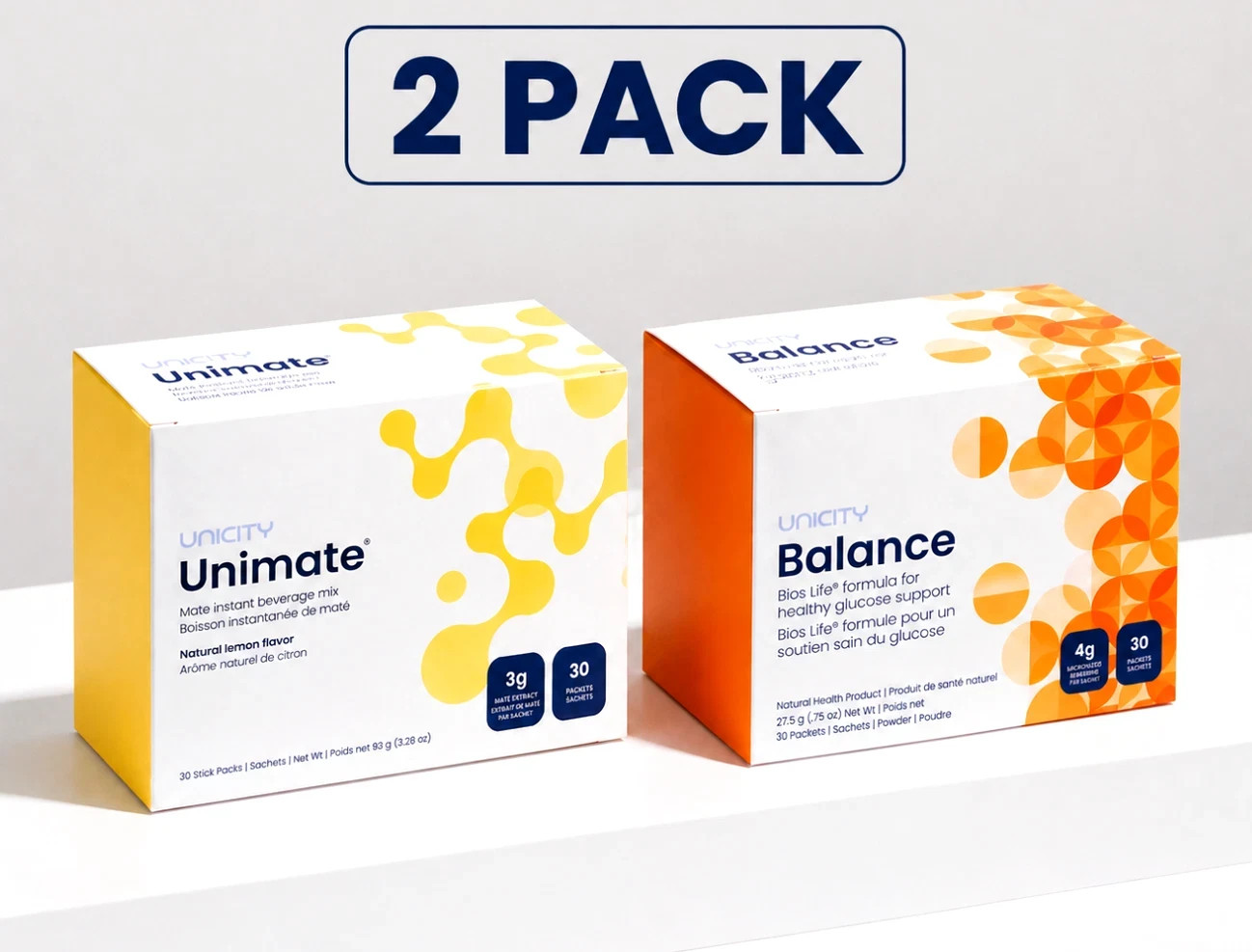 COMBO-UNICITY UNIMATE LEMON AND UNICITY BALANCE NATURAL ORANGE FLAVOR EXP 08/28