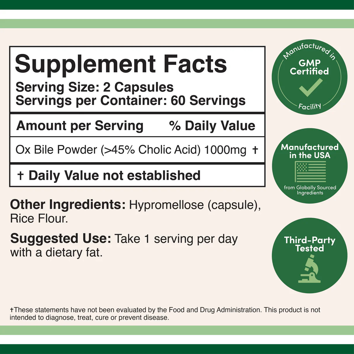 Ox Bile Supplement for No Gallbladder (1,000mg Per 120 Count (Pack of 1)