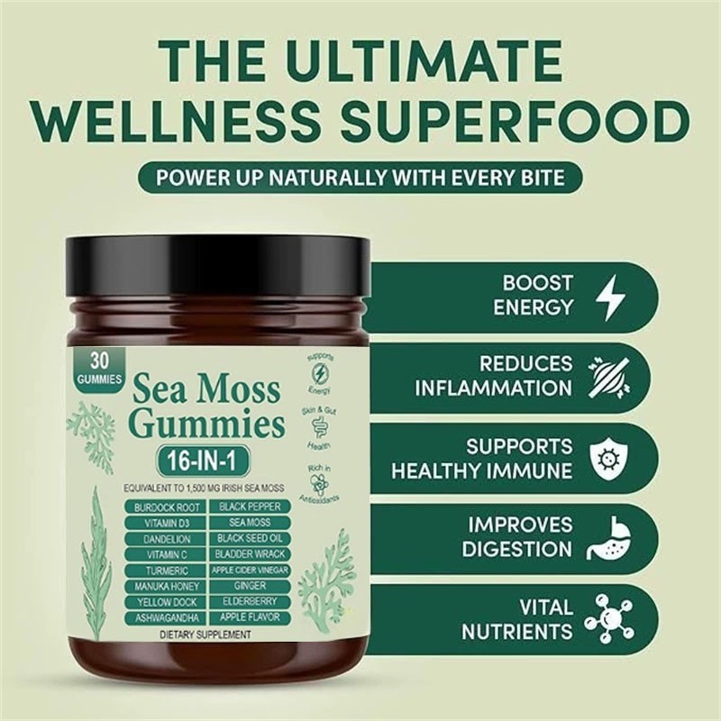 3PCS 16 in 1 Organic Sea Moss Gummy Irishmoss Extract 6000Mg Green Apple Flavor