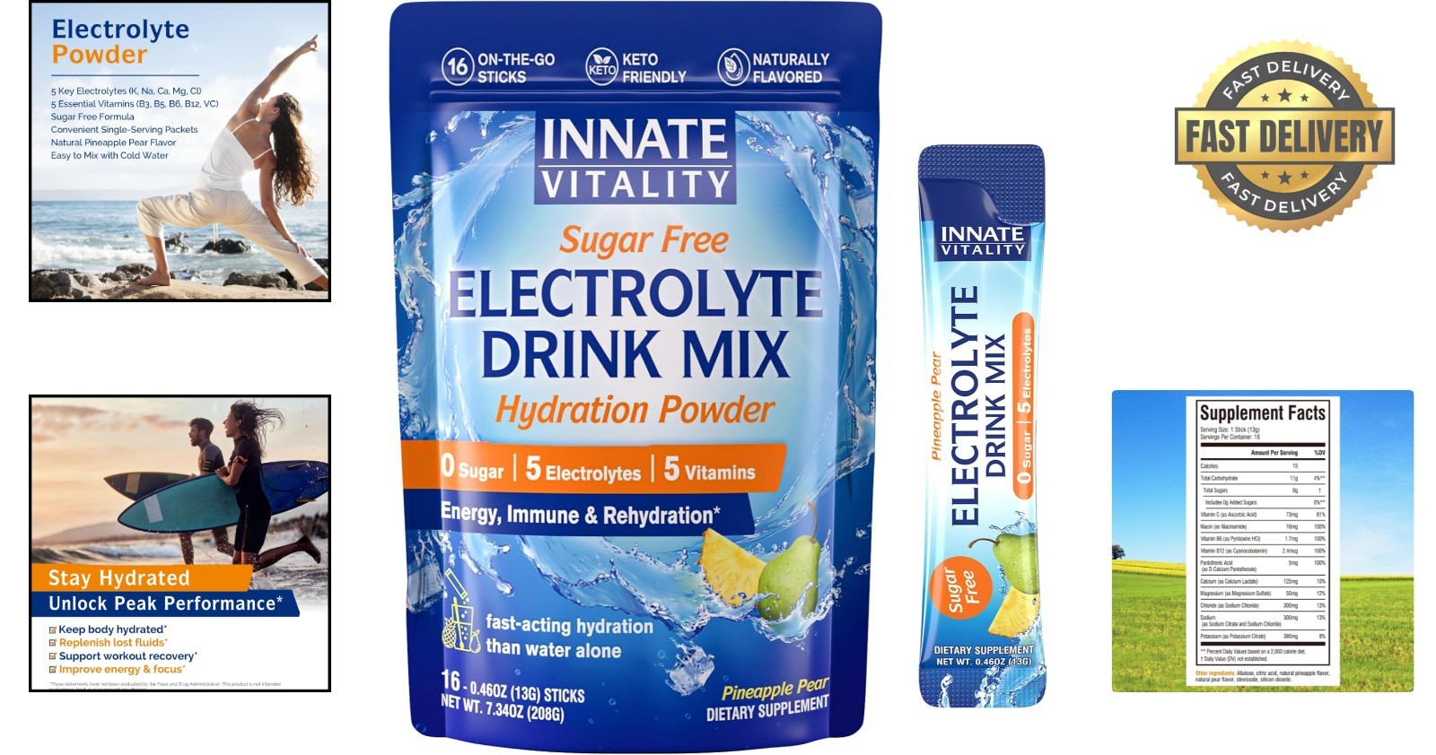 Rapid Hydration Electrolyte Powder – Pineapple Pear Flavor, No Sugar, 16 Packets