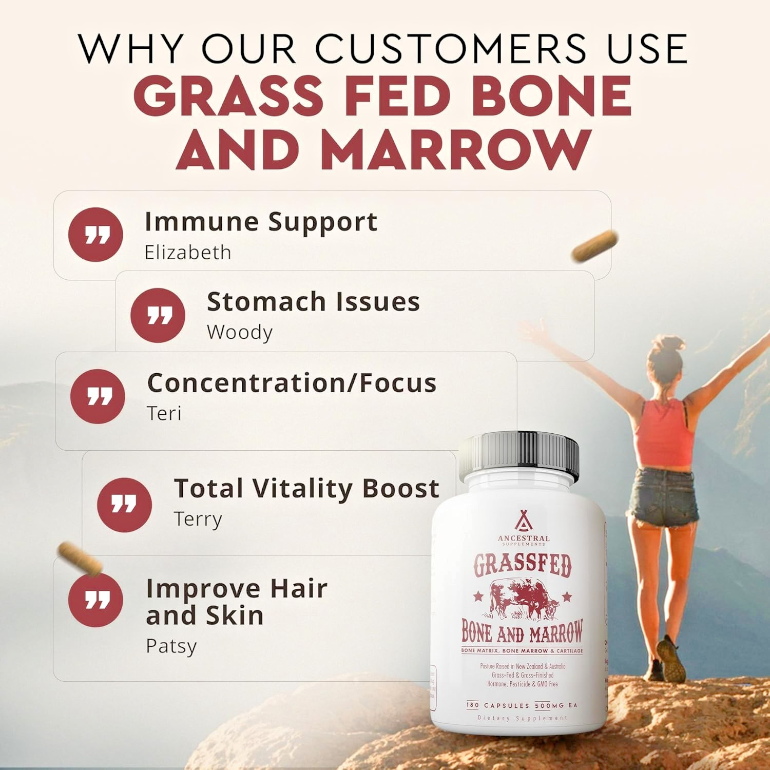 Grass Fed Beef Bone and Marrow Ancestral Supplements 3000mg | 180 Caps
