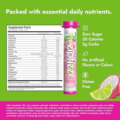 Zipfizz Daily Energy Drink Powder, Dragon Fruit Lime, 20 Pack | 3in1 Sustaine…
