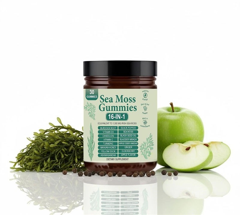 3PCS 16 in 1 Organic Sea Moss Gummy Irishmoss Extract 6000Mg Green Apple Flavor