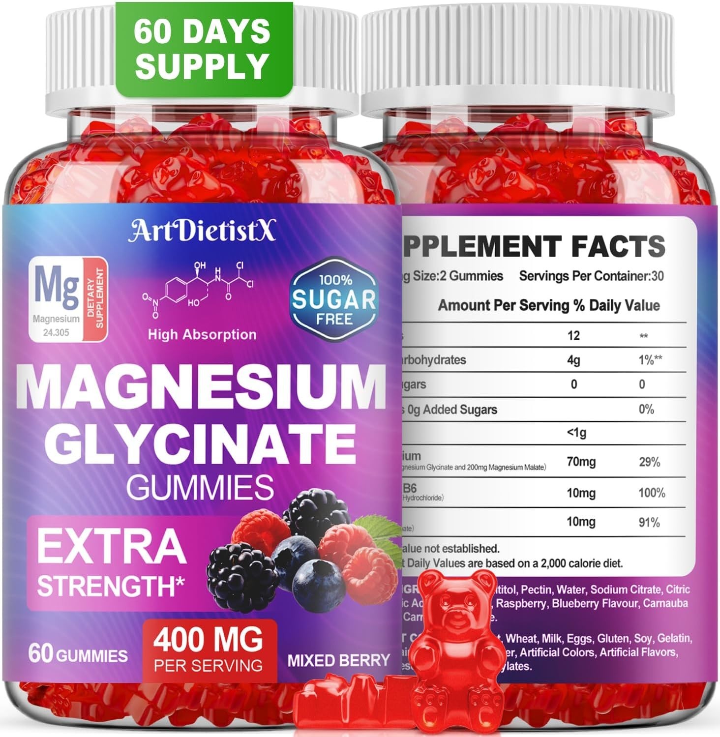 Gomitas de Glicinato de Magnesio 400mg Relajación Sueño Sin Azúcar 60U